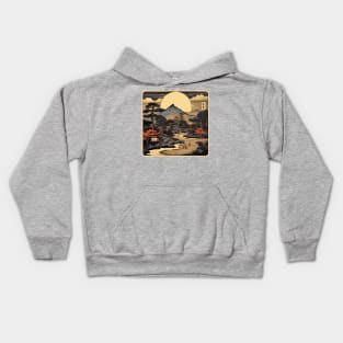 Traditional Japanese Mountain Woodcut Kids Hoodie